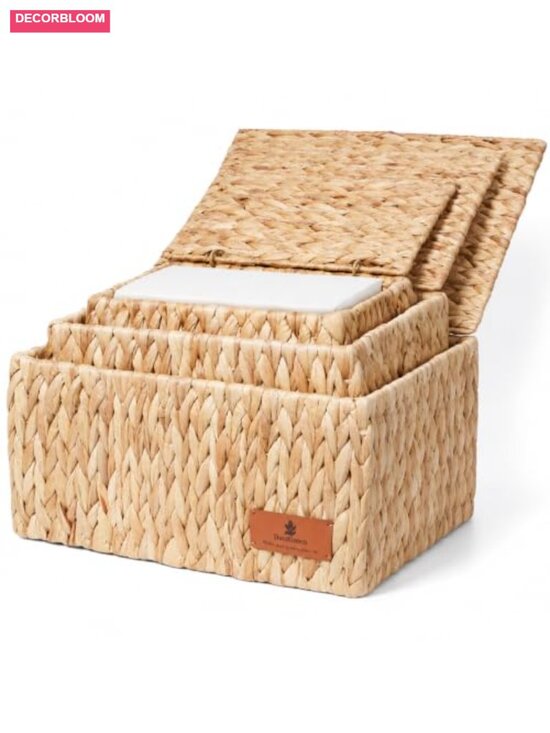 Other - Water Hyacinth Wicker Storage Basket with Lid Set of 3 Rectangular Woven Shelf